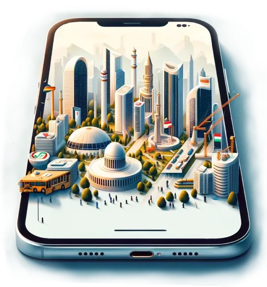 A smartphone displaying a futuristic cityscape, representing an online business platform